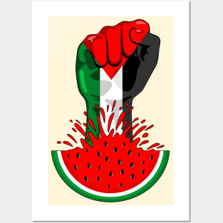 Palestine Flag on Revolution Fist Symbol of freedom coming out from a Watermelon Posters and Art